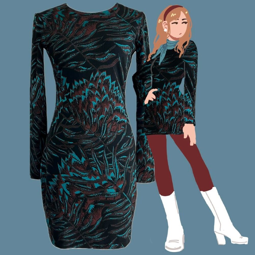 Mara Hoffman Herbarium Jacquard Teal Brown Gold Fitted Bodycon Long Sleeve Dress